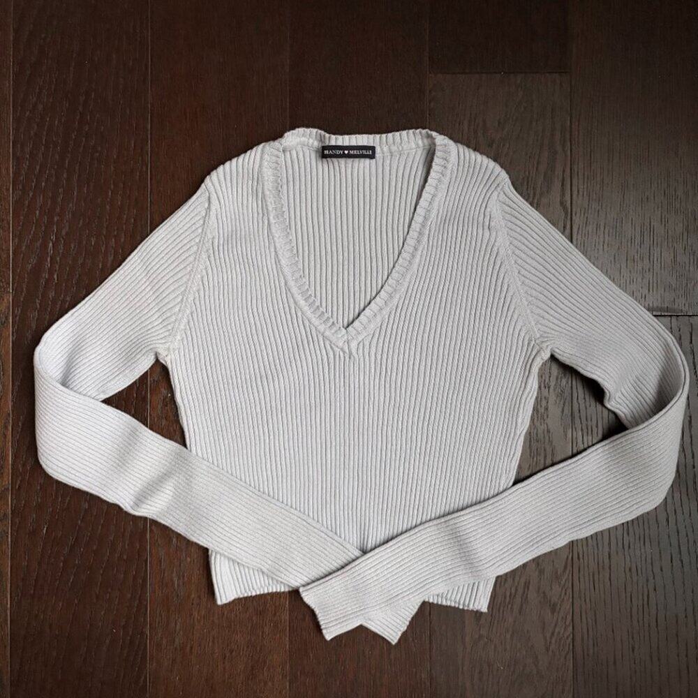 Brandy Melville Ribbed Long Sleeve Cropped V-Neck (Blue)